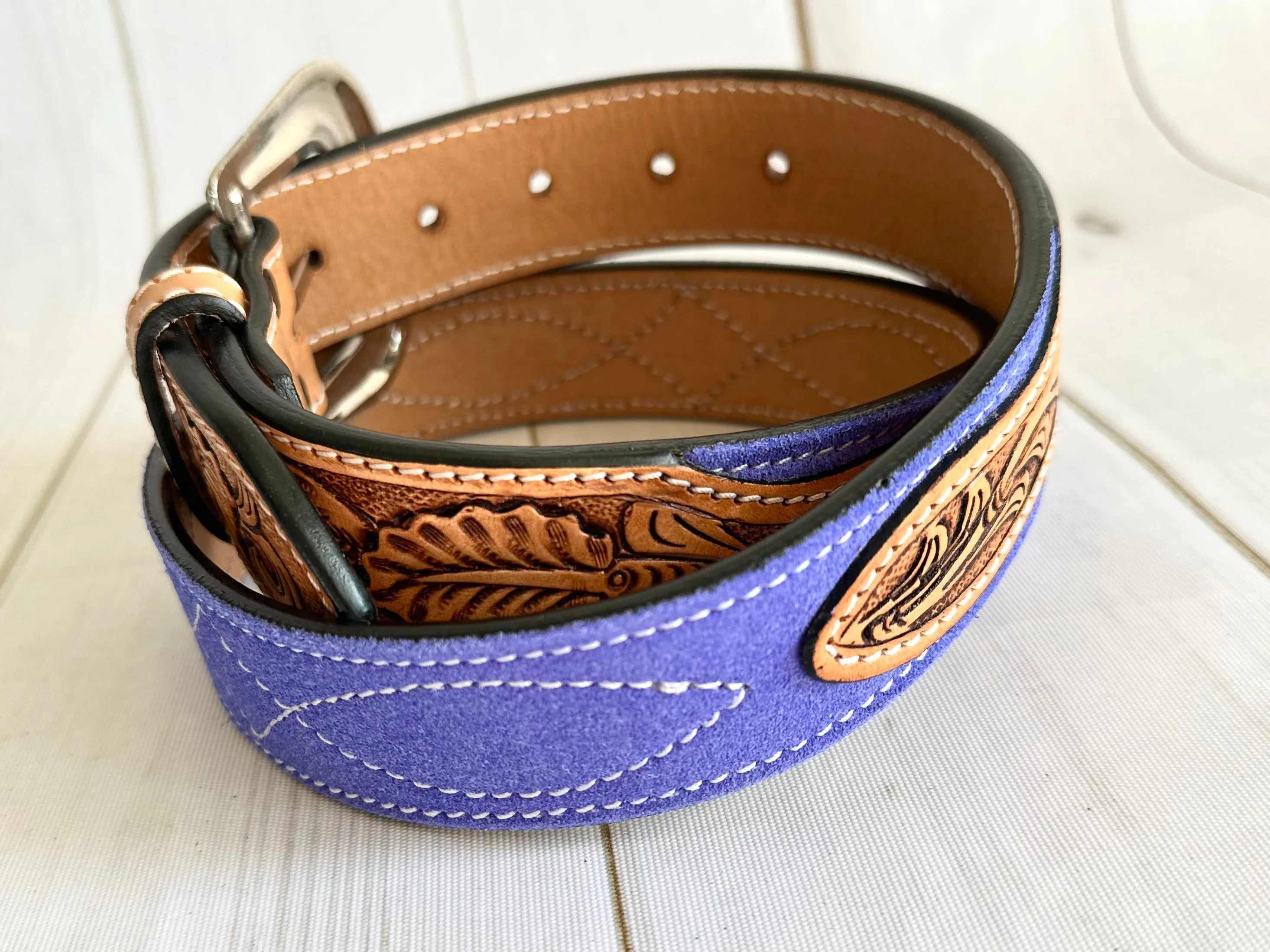Purple Blue Suede and Leather Tooled Western Belt