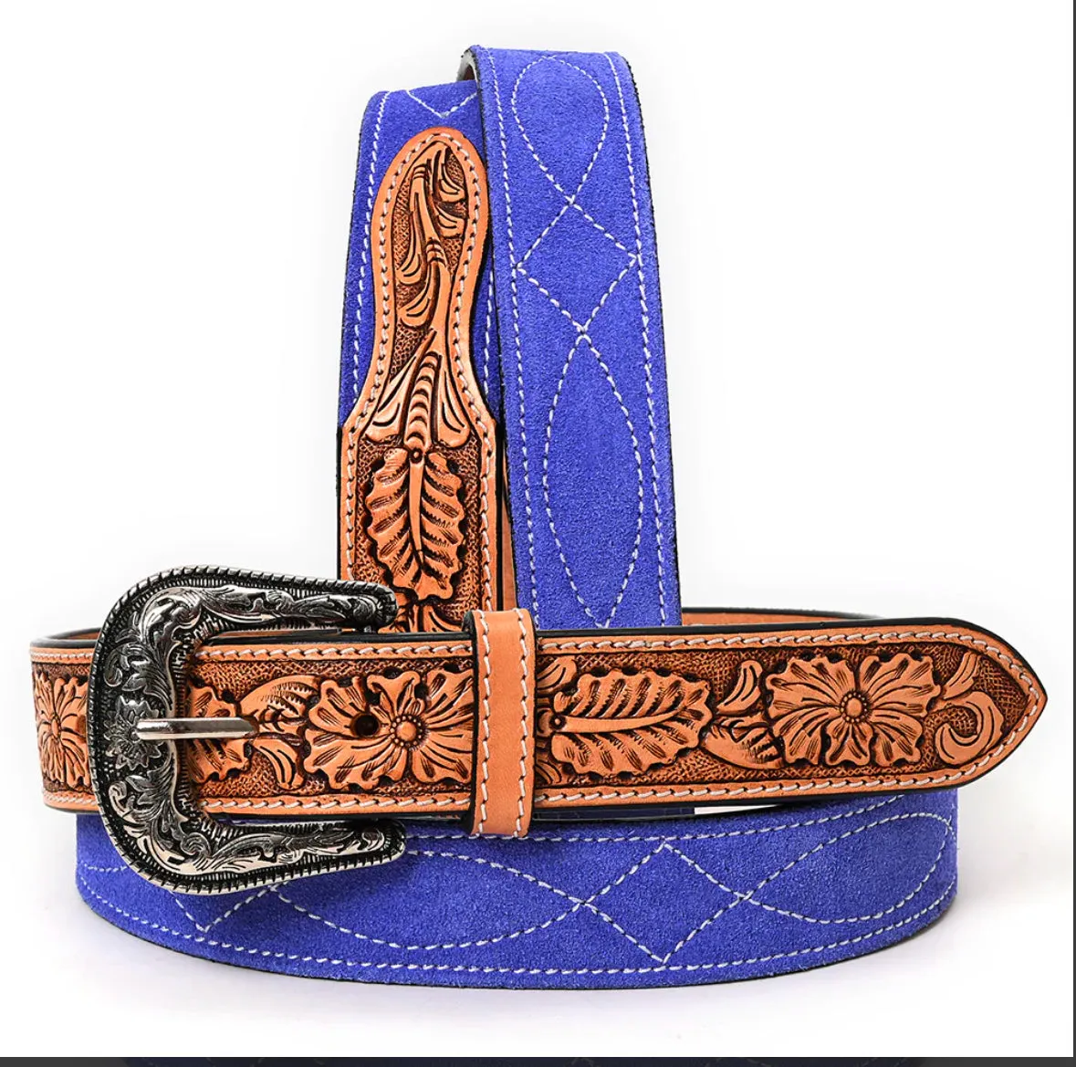 Purple Blue Suede and Leather Tooled Western Belt