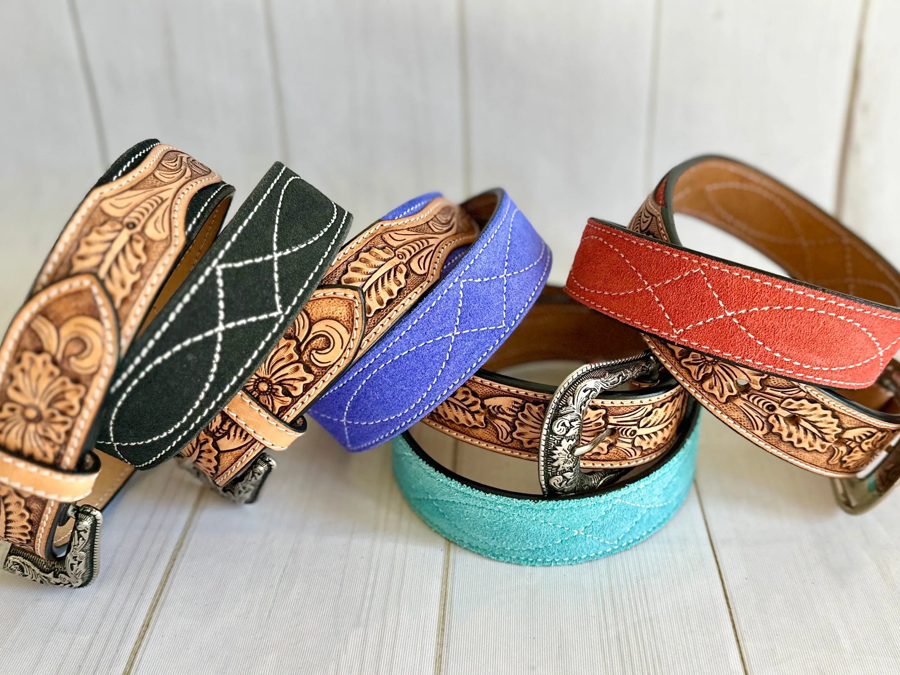 Purple Blue Suede and Leather Tooled Western Belt