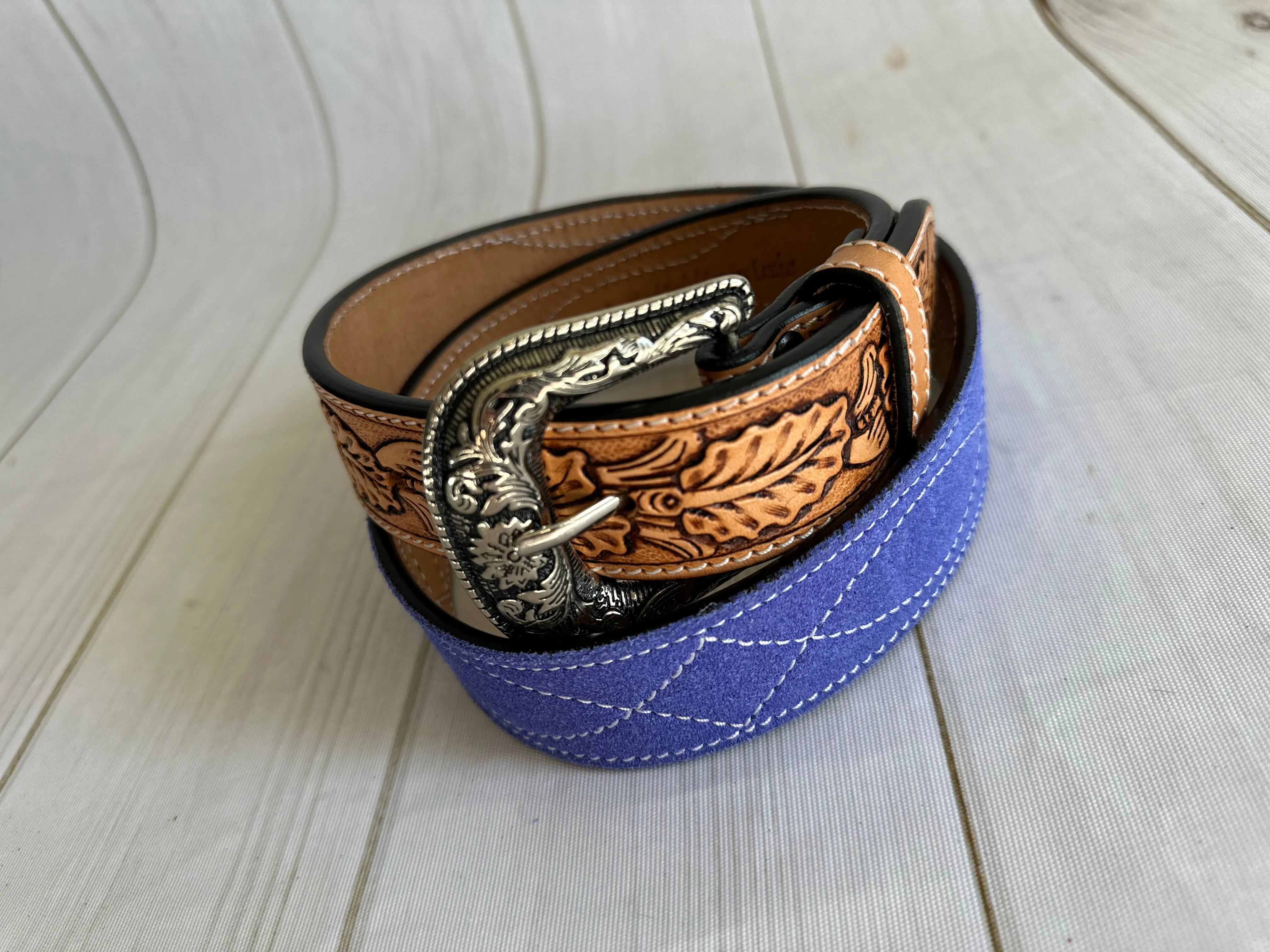 Purple Blue Suede and Leather Tooled Western Belt