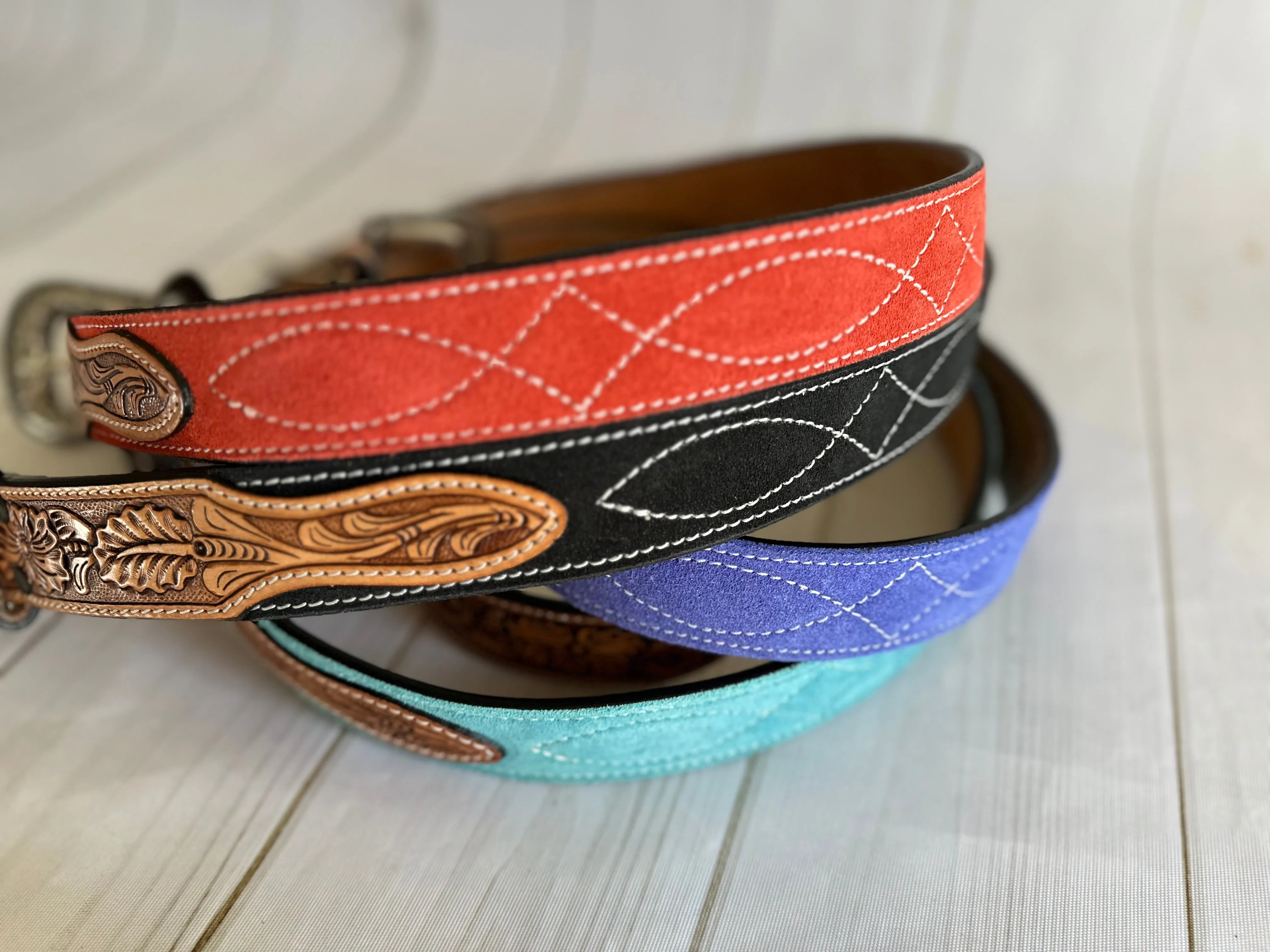 Purple Blue Suede and Leather Tooled Western Belt