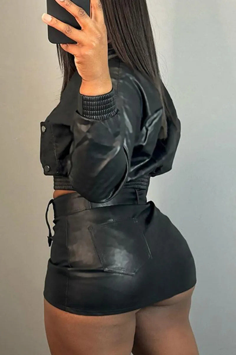 QK633 PU Short Skirt with Belt