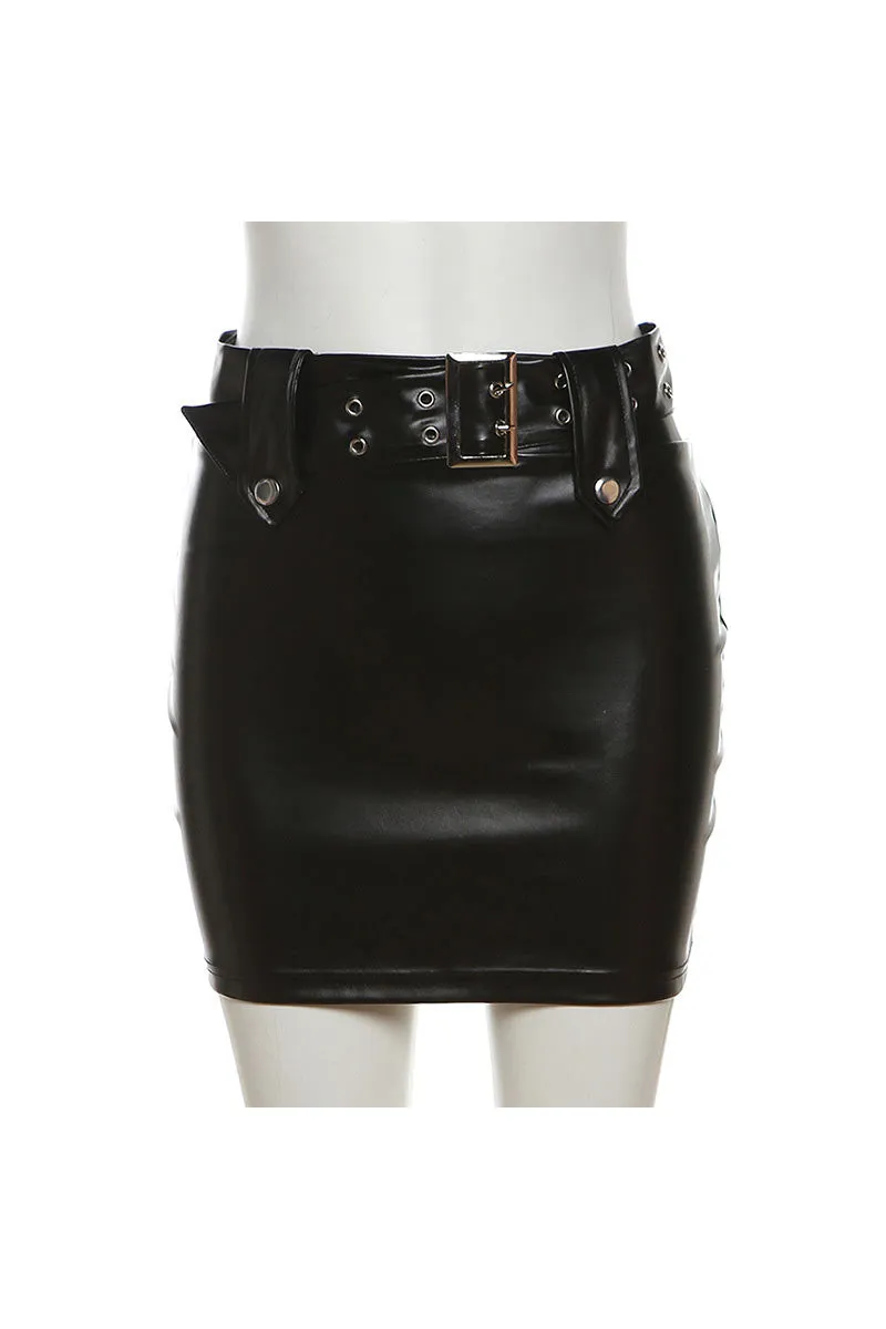 QK633 PU Short Skirt with Belt