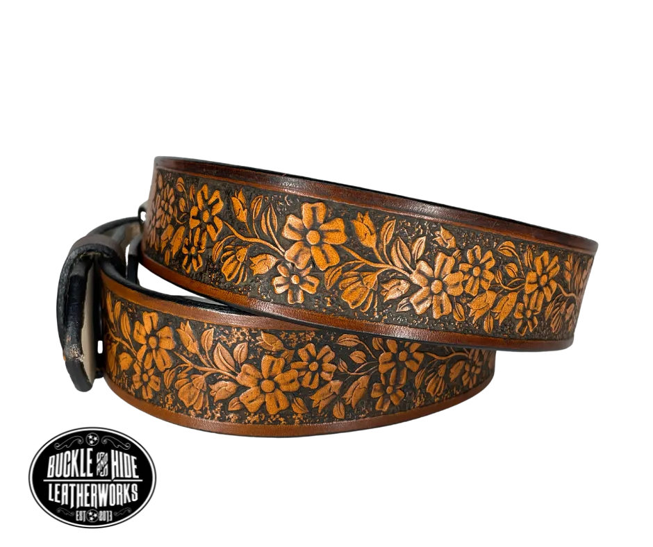 "The Beulah Land" Flowers Leather Belt