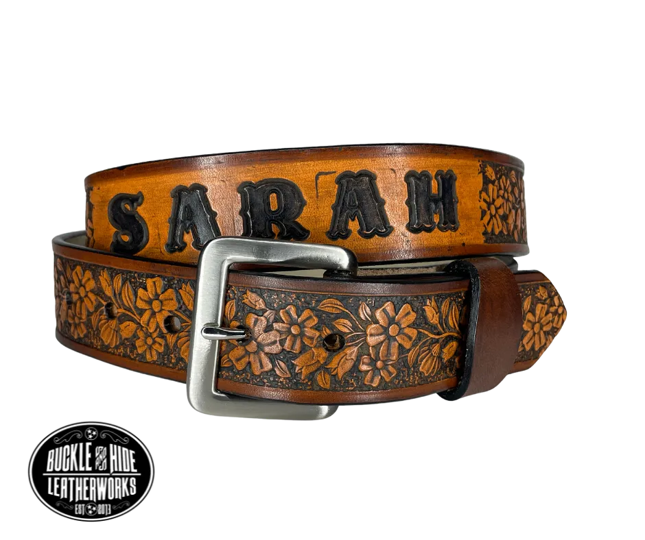"The Beulah Land" Flowers Leather Belt