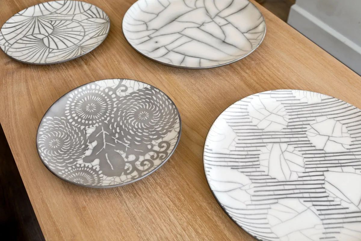 Raku Ceramic Plates in Gray, Black, White