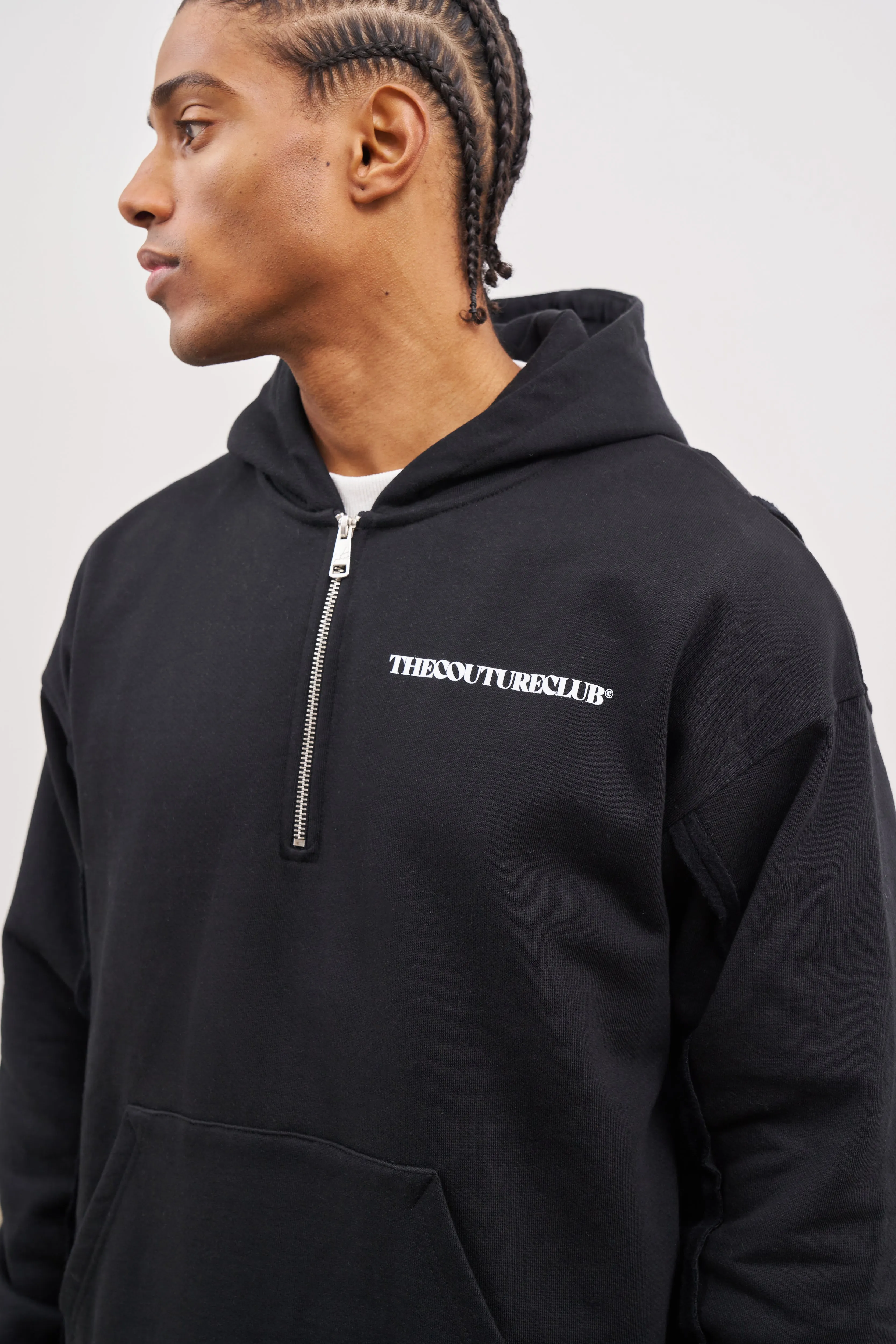 RAW SEAM QUARTER ZIP HOODIE - BLACK