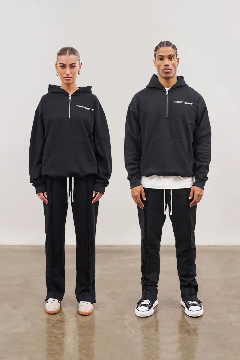 RAW SEAM QUARTER ZIP HOODIE - BLACK