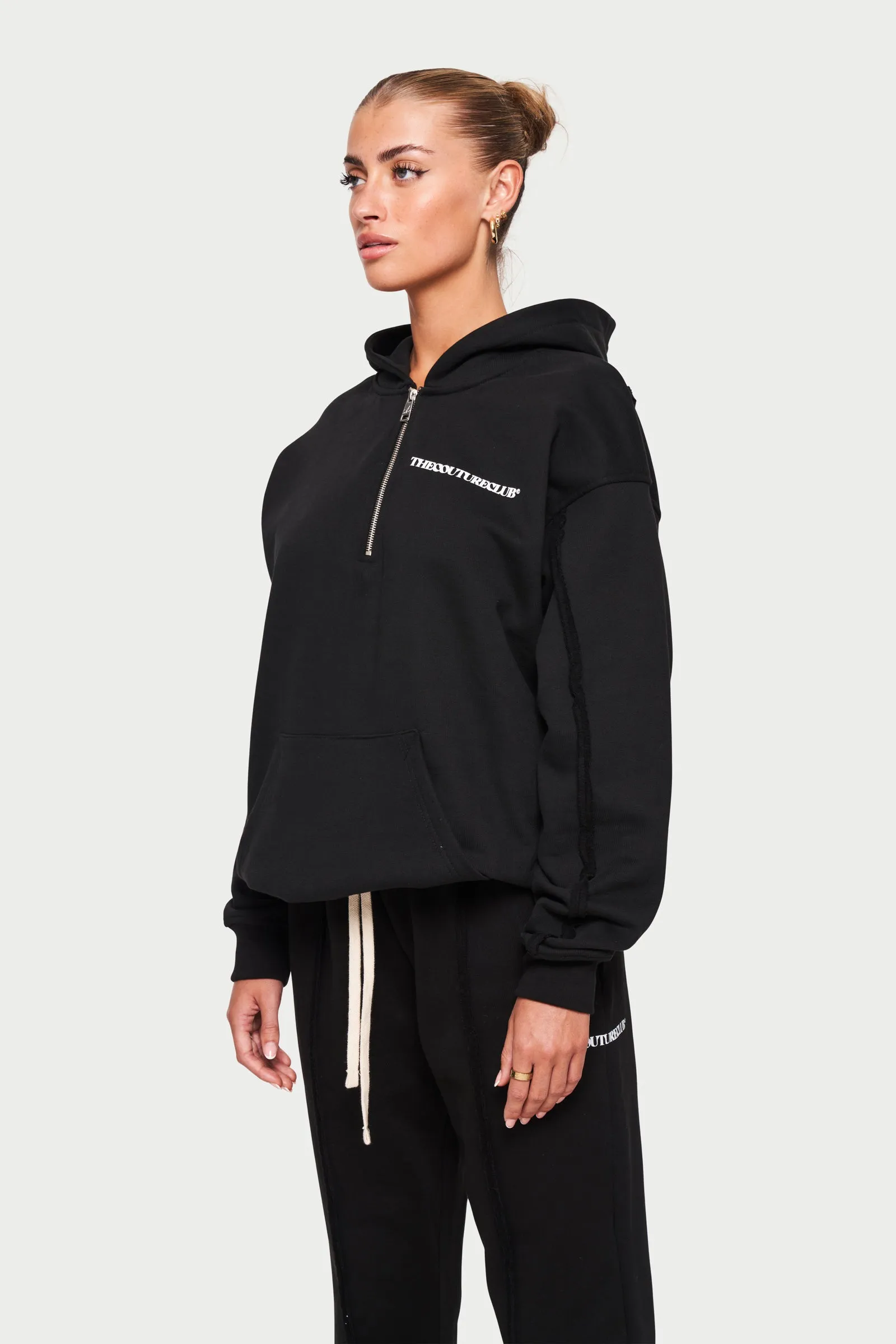 RAW SEAM QUARTER ZIP HOODIE - BLACK