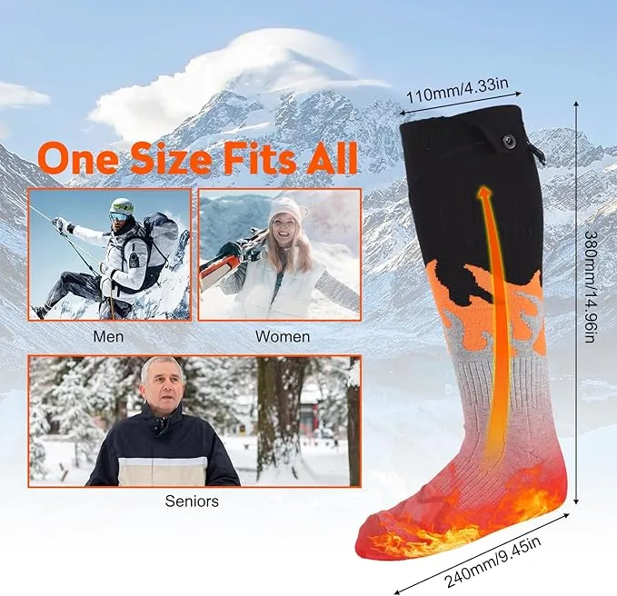 Rechargeable Heated Socks for Men Women Flame Pattern 5V 5000mAh Battery Powered Cold Weather Washable Winter Thermal Thickened Warming Socks for Winter Skiing Riding Camping Outdoors