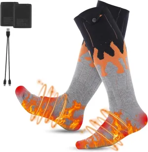 Rechargeable Heated Socks for Men Women Flame Pattern 5V 5000mAh Battery Powered Cold Weather Washable Winter Thermal Thickened Warming Socks for Winter Skiing Riding Camping Outdoors