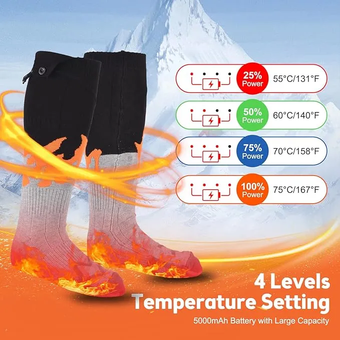 Rechargeable Heated Socks for Men Women Flame Pattern 5V 5000mAh Battery Powered Cold Weather Washable Winter Thermal Thickened Warming Socks for Winter Skiing Riding Camping Outdoors