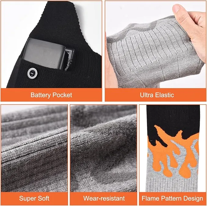 Rechargeable Heated Socks for Men Women Flame Pattern 5V 5000mAh Battery Powered Cold Weather Washable Winter Thermal Thickened Warming Socks for Winter Skiing Riding Camping Outdoors