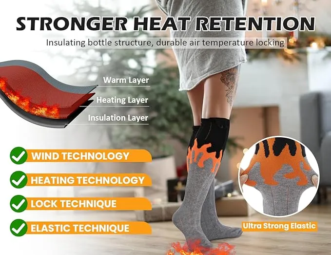 Rechargeable Heated Socks for Men Women Flame Pattern 5V 5000mAh Battery Powered Cold Weather Washable Winter Thermal Thickened Warming Socks for Winter Skiing Riding Camping Outdoors
