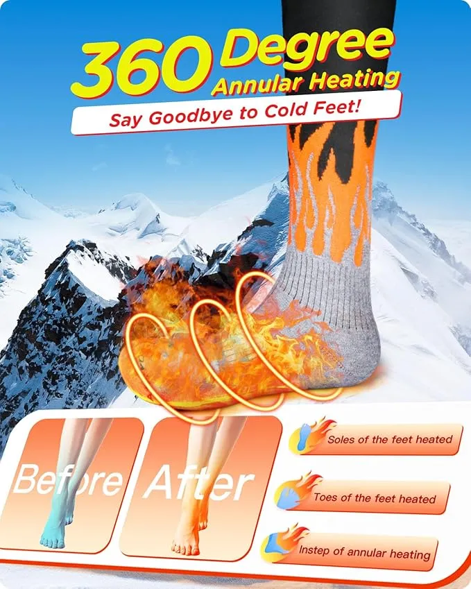 Rechargeable Heated Socks for Whole Sole, Toes and Instep, 5000 mAh Battery Powered Warm Socks for Up to 10 Hours, XL Large Thermal Heated Socks Women and Men for Camping|Hiking|Skiing|Hunting|Unisex