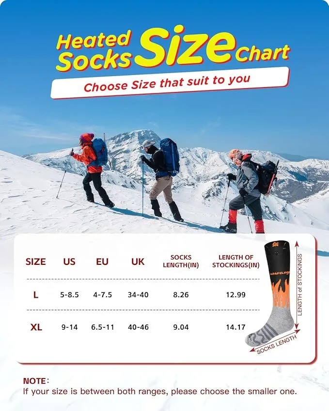 Rechargeable Heated Socks for Whole Sole, Toes and Instep, 5000 mAh Battery Powered Warm Socks for Up to 10 Hours, XL Large Thermal Heated Socks Women and Men for Camping|Hiking|Skiing|Hunting|Unisex