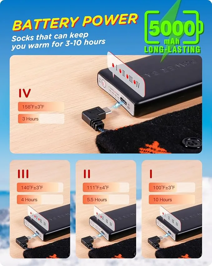 Rechargeable Heated Socks for Whole Sole, Toes and Instep, 5000 mAh Battery Powered Warm Socks for Up to 10 Hours, XL Large Thermal Heated Socks Women and Men for Camping|Hiking|Skiing|Hunting|Unisex