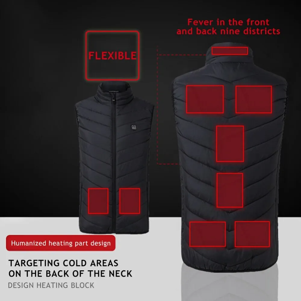 Rechargeable USB Ski Heated Vests Jacket Windproof 9 Areas Smart Heating Electric Clothes Body Warmer For Camping Hiking Cycling