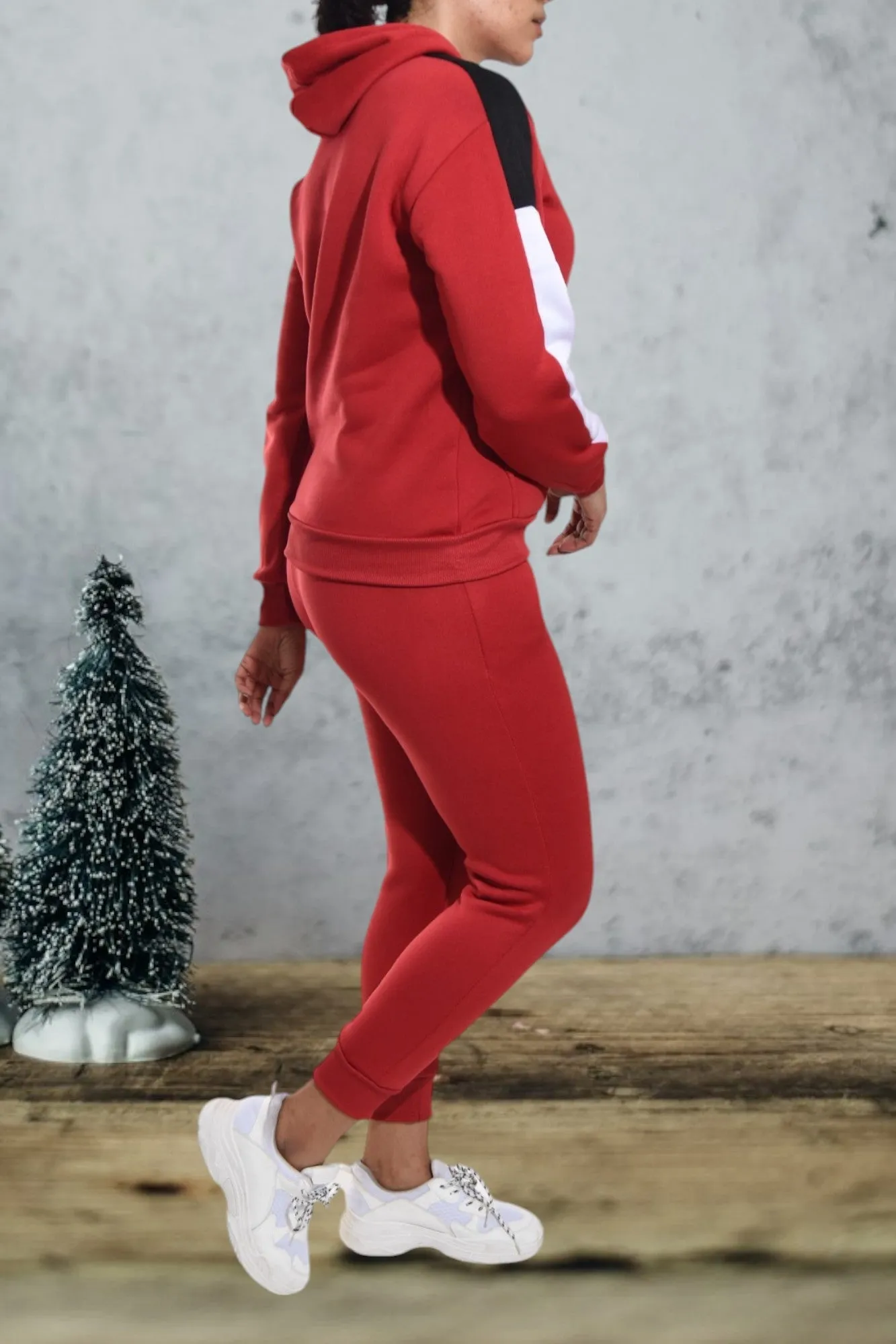 Red Color Block Sleeve Tracksuit Set