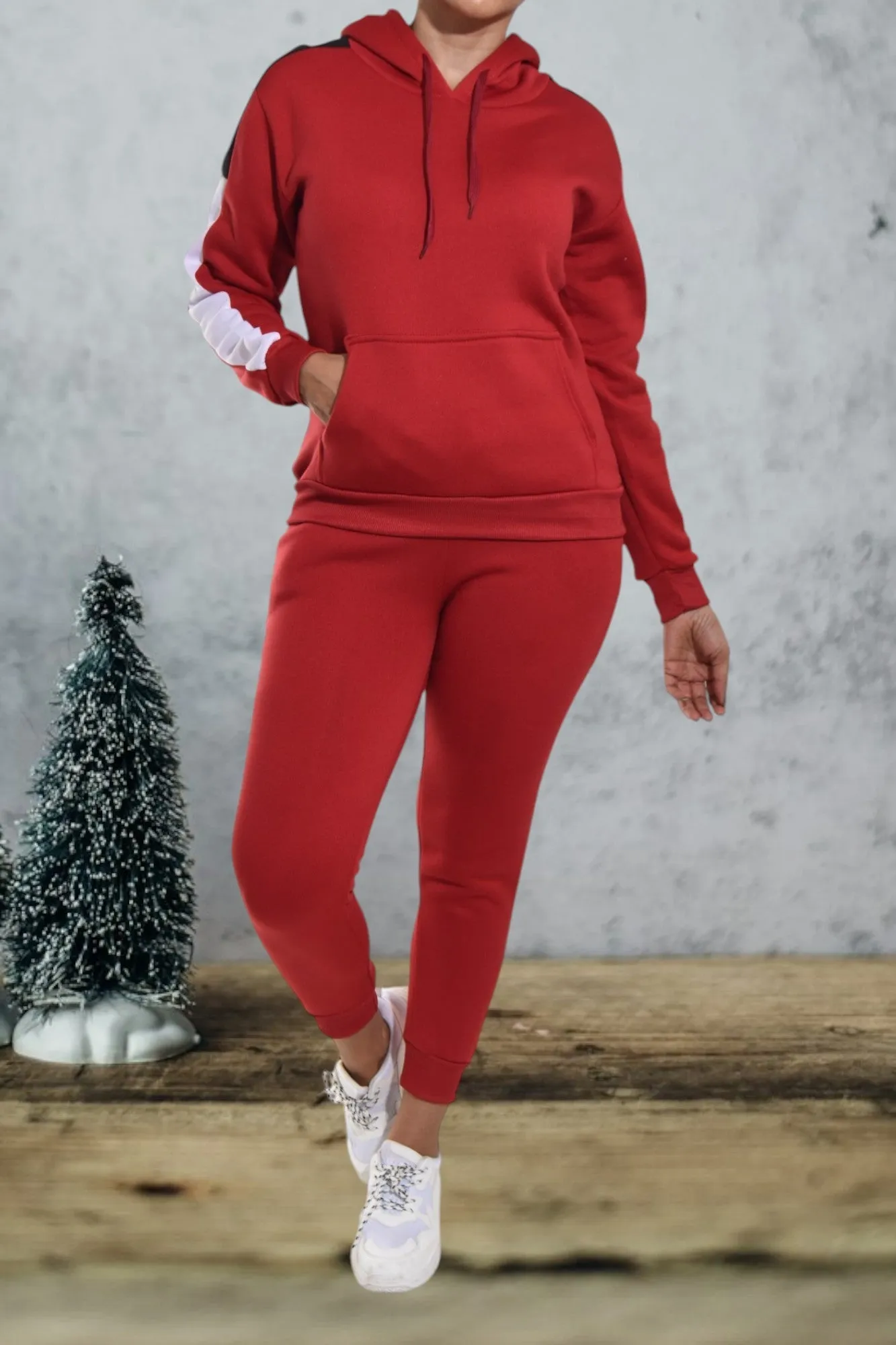 Red Color Block Sleeve Tracksuit Set