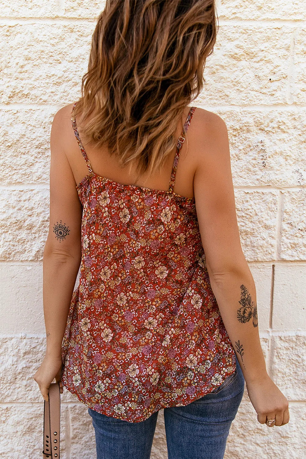 Red Floral Print Loose Spaghetti Strap Cami Top