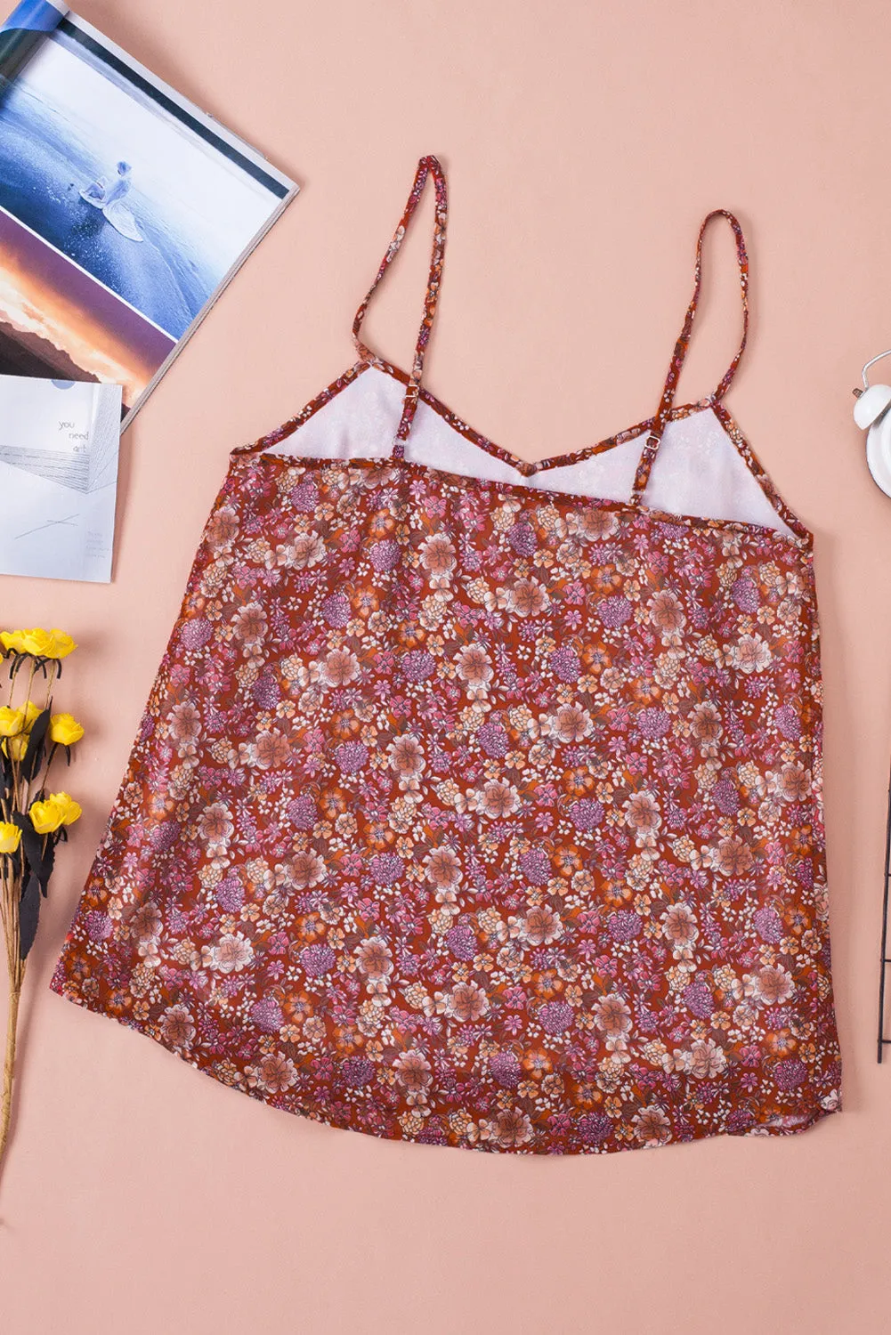 Red Floral Print Loose Spaghetti Strap Cami Top