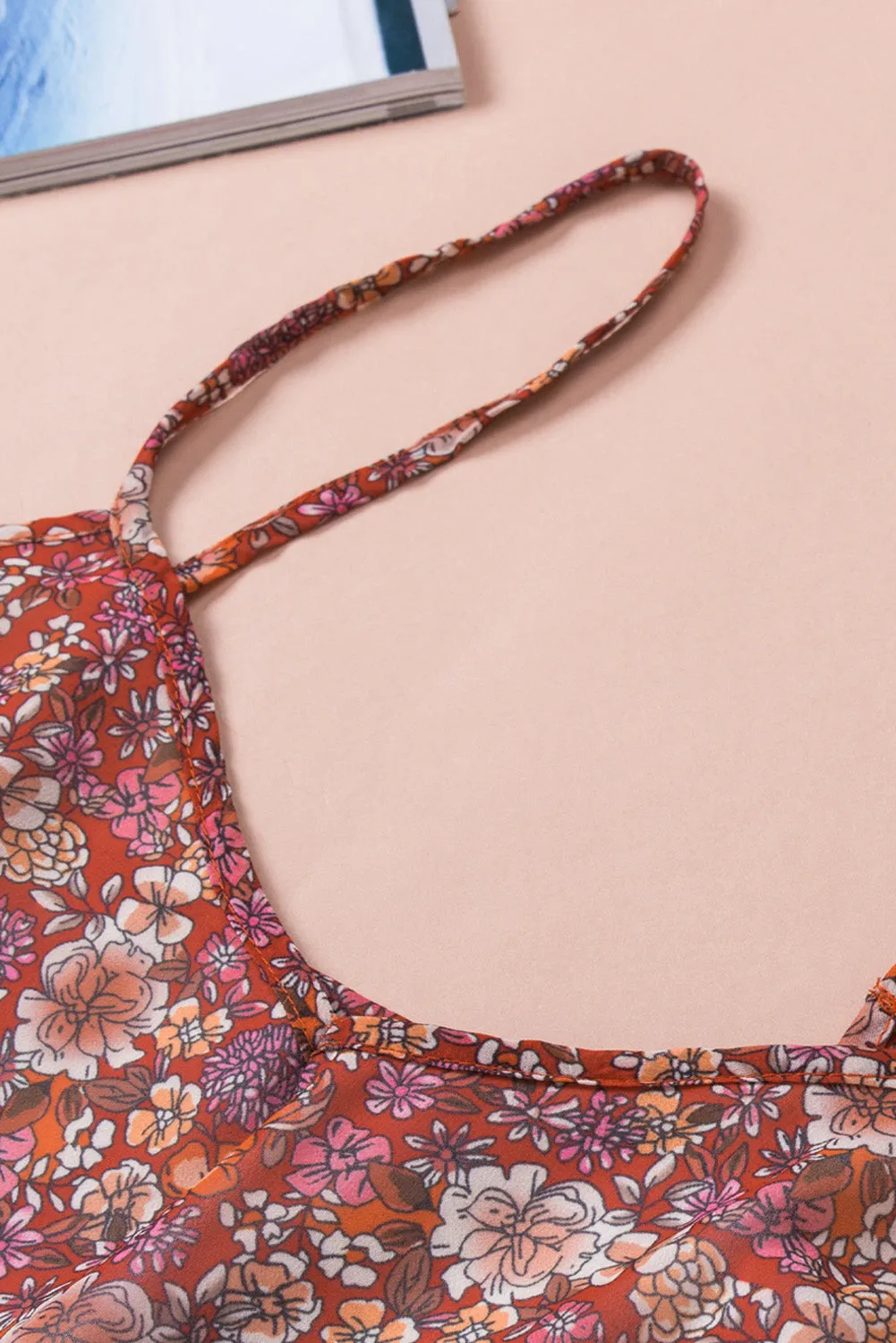 Red Floral Print Loose Spaghetti Strap Cami Top
