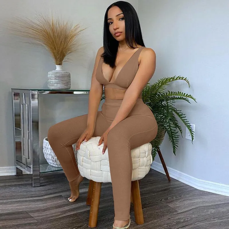 Rib Knit V Neck Crop Top and Leggings Two Piece Set Tracksuits