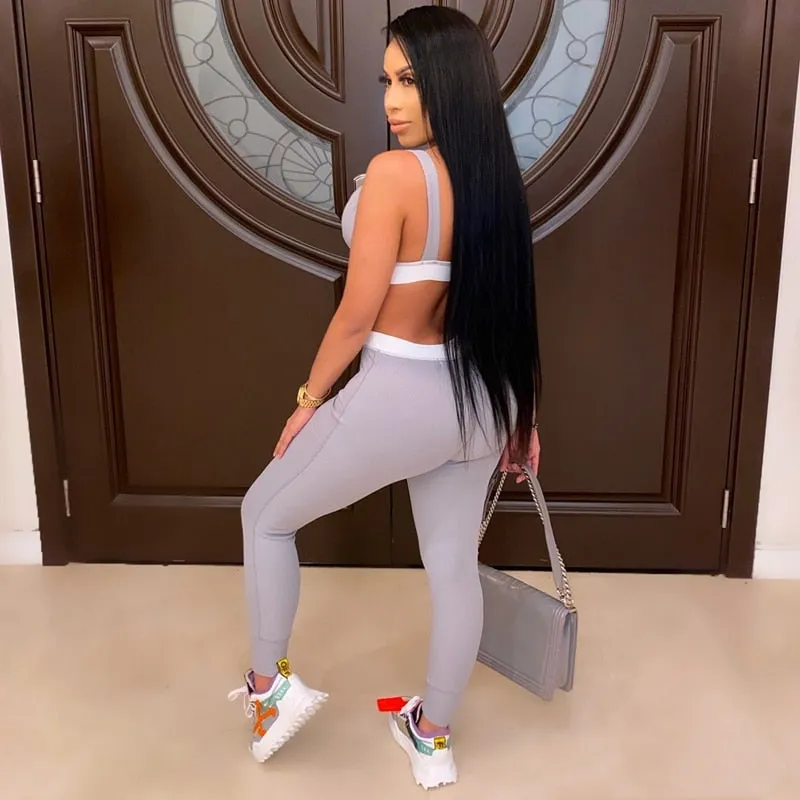 Rib Knit V Neck Crop Top and Leggings Two Piece Set Tracksuits