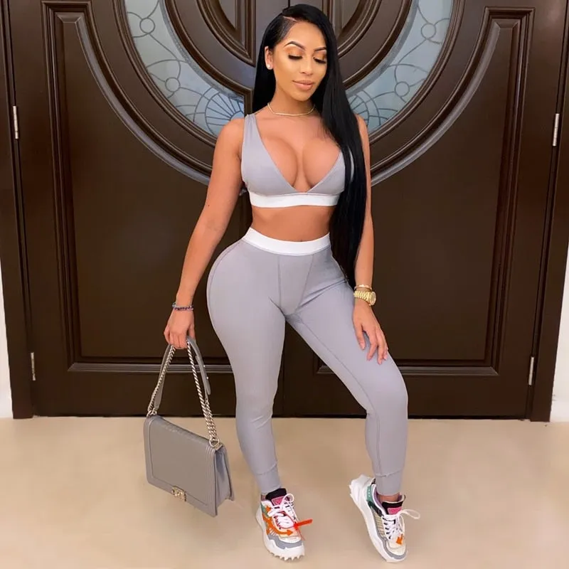 Rib Knit V Neck Crop Top and Leggings Two Piece Set Tracksuits