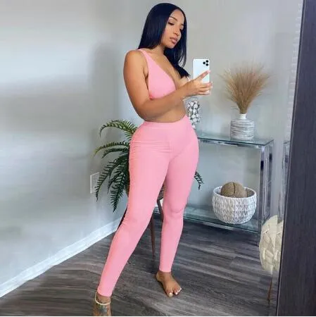 Rib Knit V Neck Crop Top and Leggings Two Piece Set Tracksuits