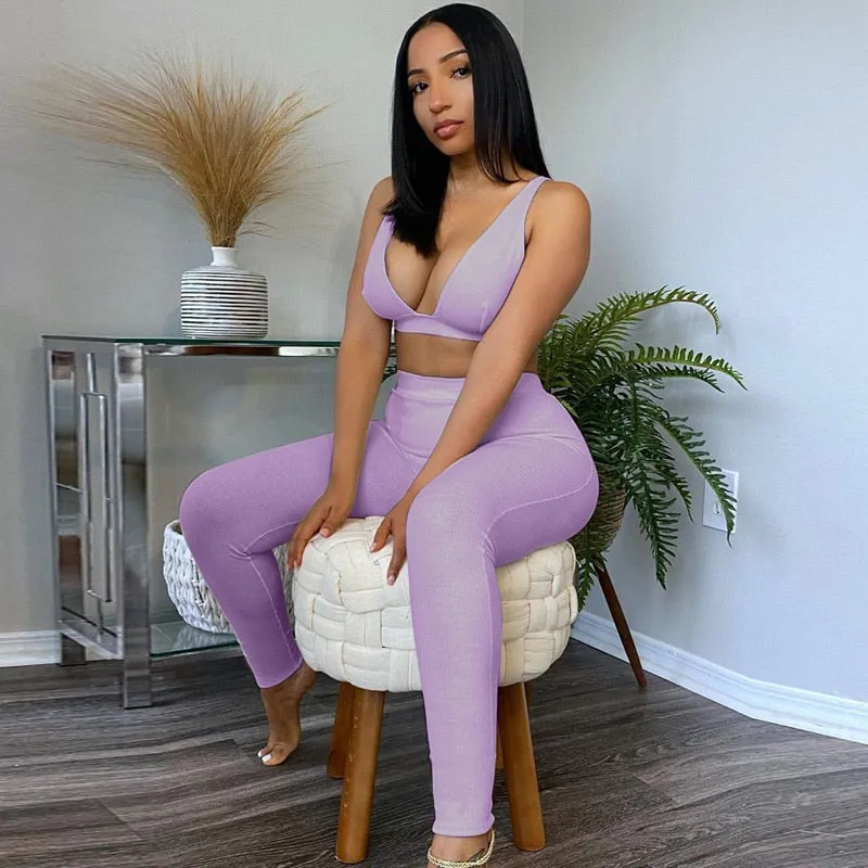 Rib Knit V Neck Crop Top and Leggings Two Piece Set Tracksuits