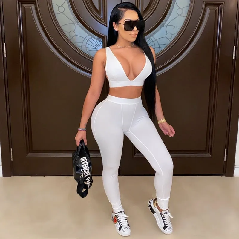 Rib Knit V Neck Crop Top and Leggings Two Piece Set Tracksuits