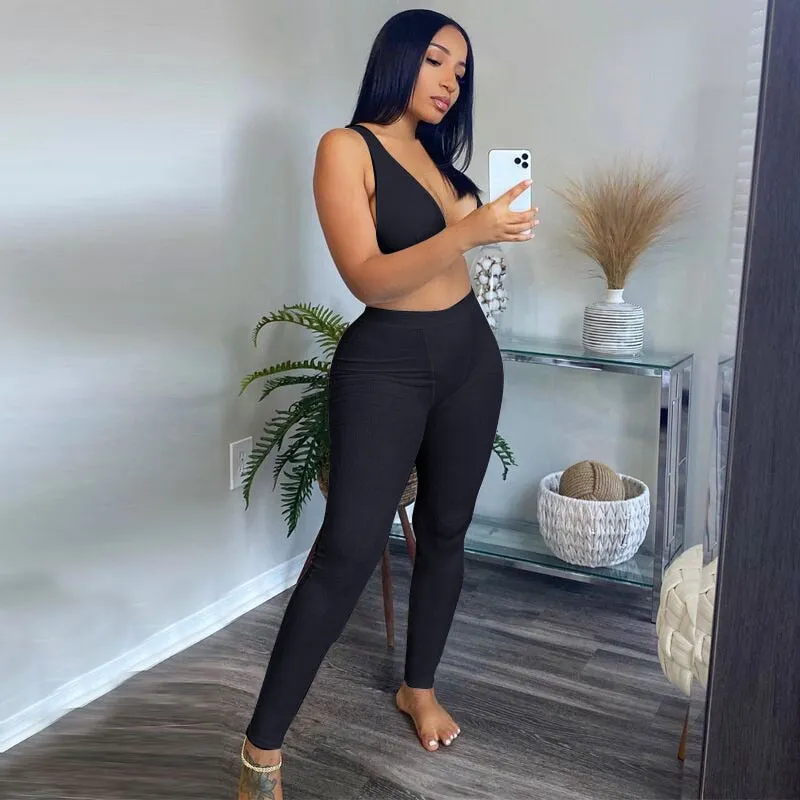 Rib Knit V Neck Crop Top and Leggings Two Piece Set Tracksuits