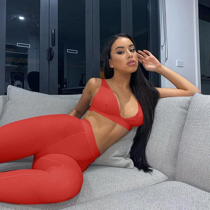 Rib Knit V Neck Crop Top and Leggings Two Piece Set Tracksuits