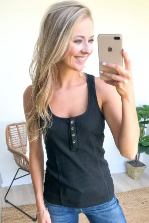 Ribbed Button Racerback Tank Top- Black