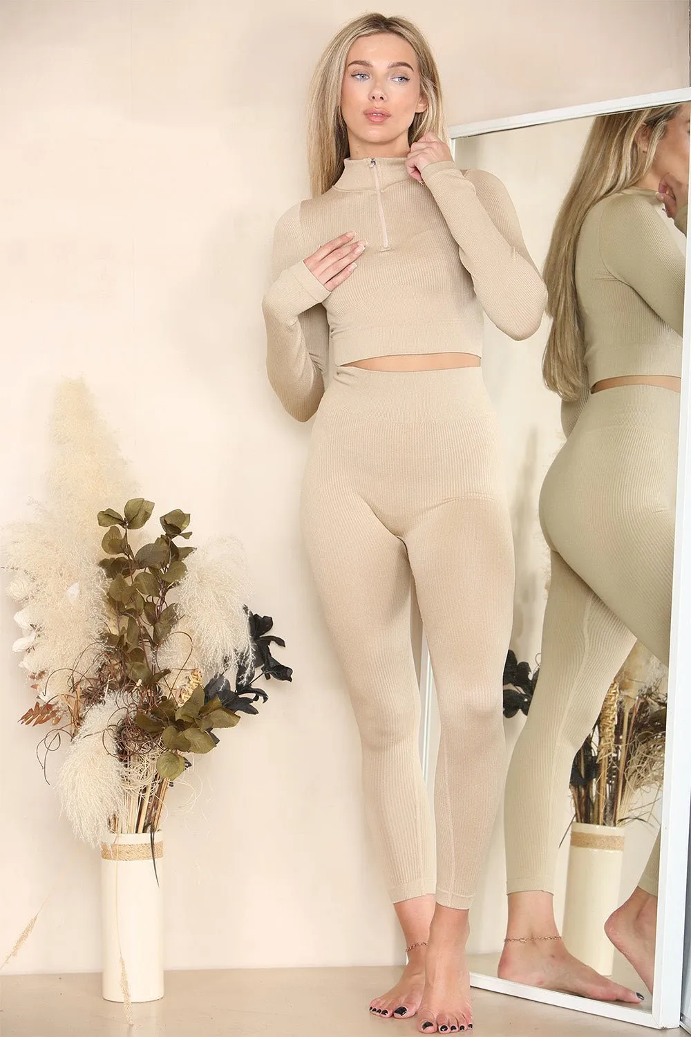 Ribbed Tracksuit Two Piece Set With Half Zip Detail Gym Loungewear