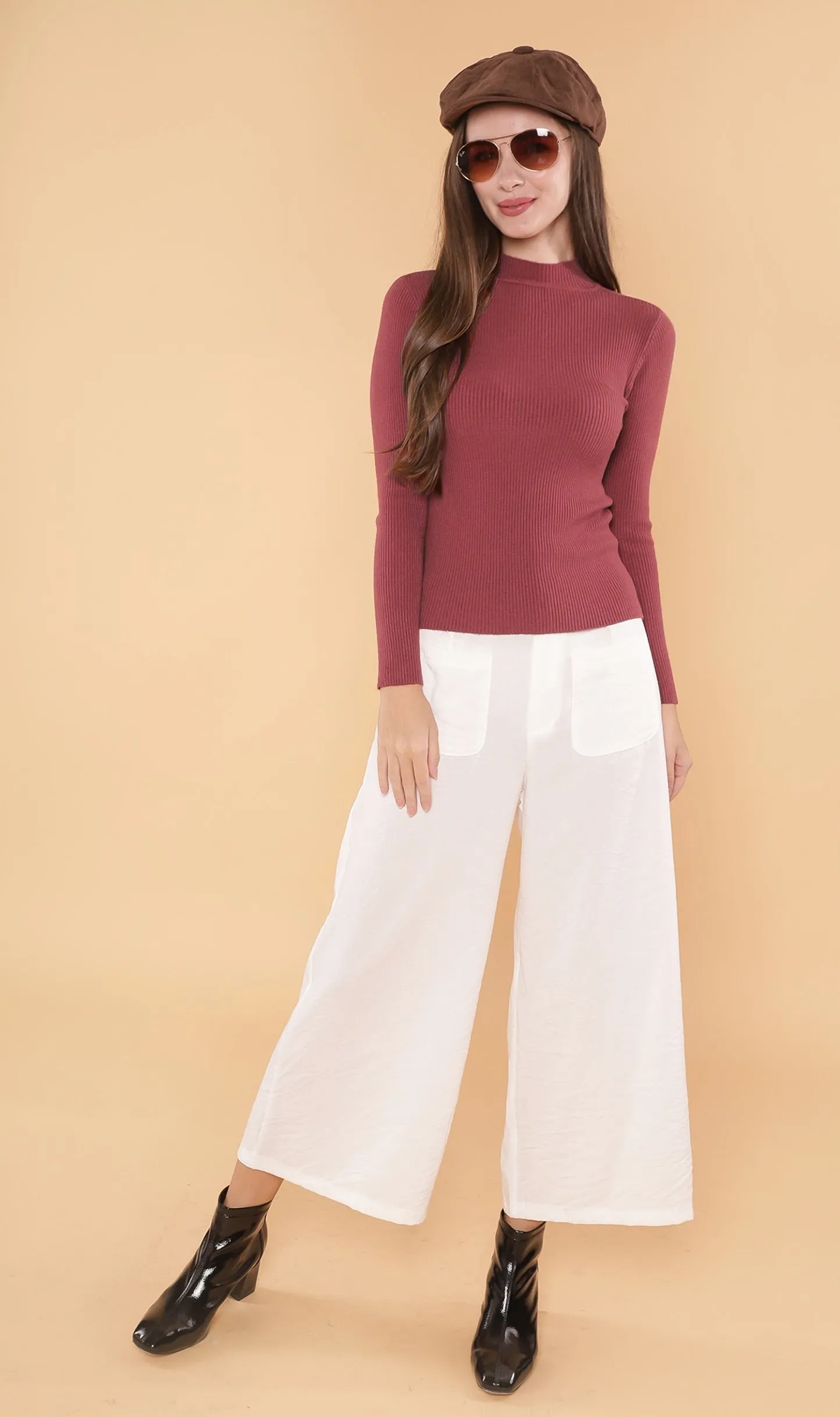 ROUX Mock-Neck Long-Sleeve Knit Top (Dusty Red)