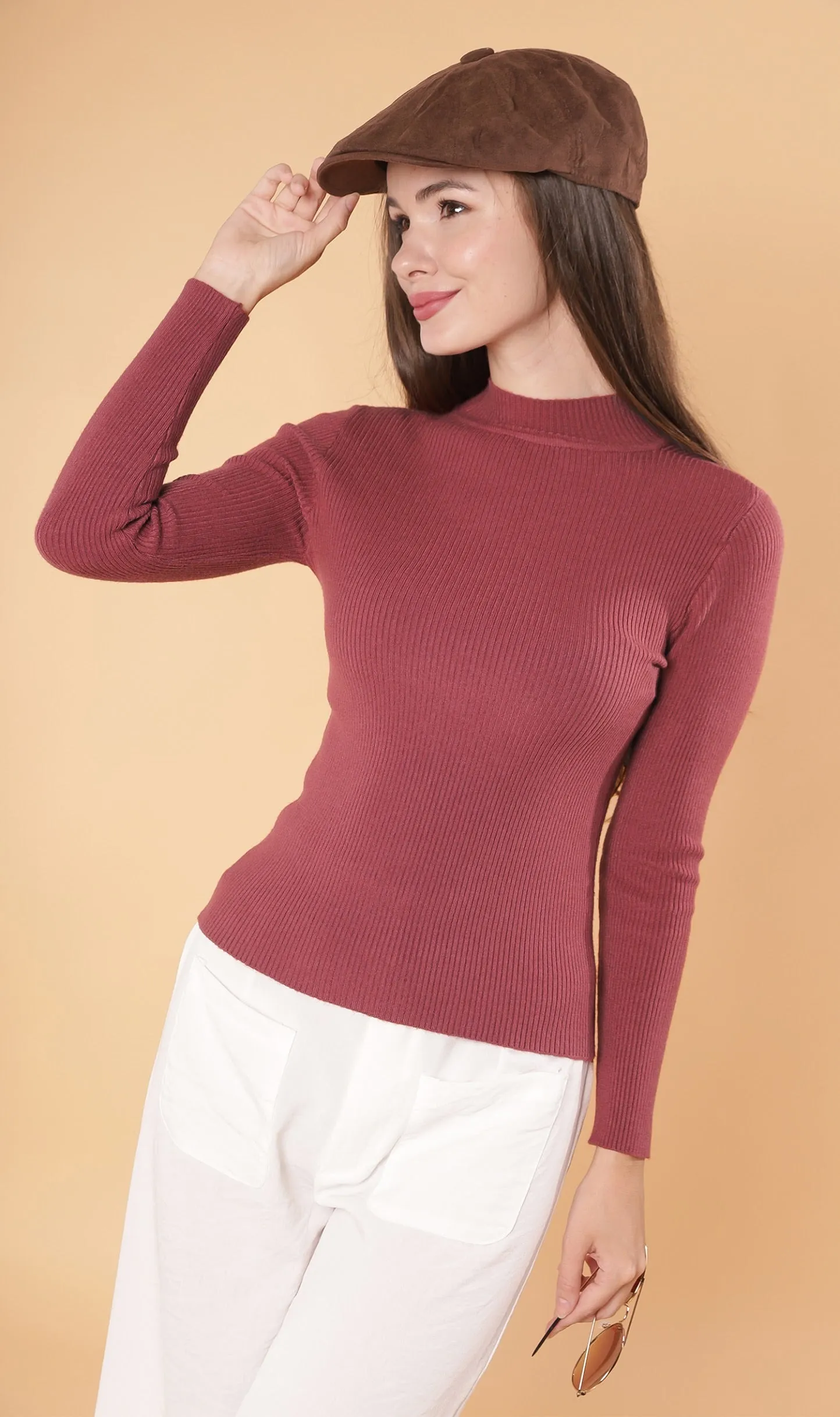 ROUX Mock-Neck Long-Sleeve Knit Top (Dusty Red)