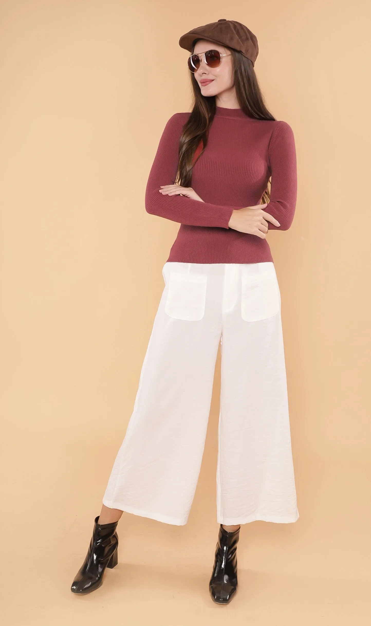 ROUX Mock-Neck Long-Sleeve Knit Top (Dusty Red)
