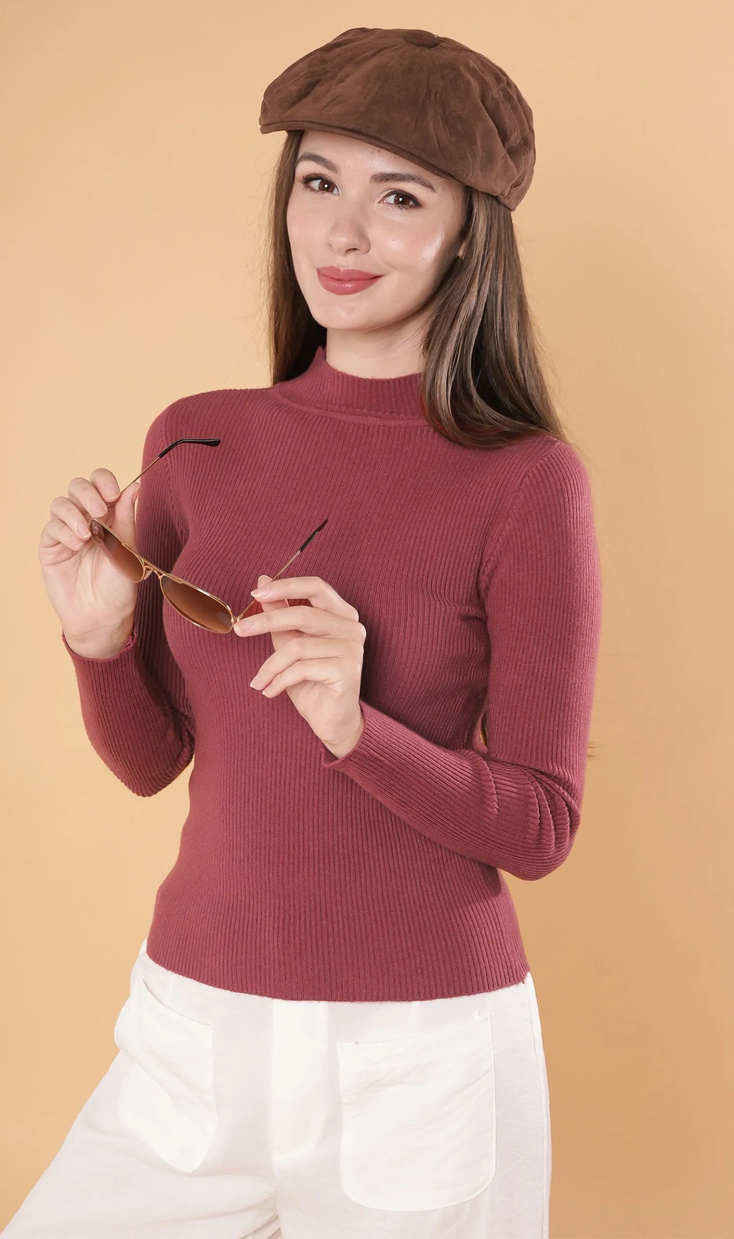 ROUX Mock-Neck Long-Sleeve Knit Top (Dusty Red)