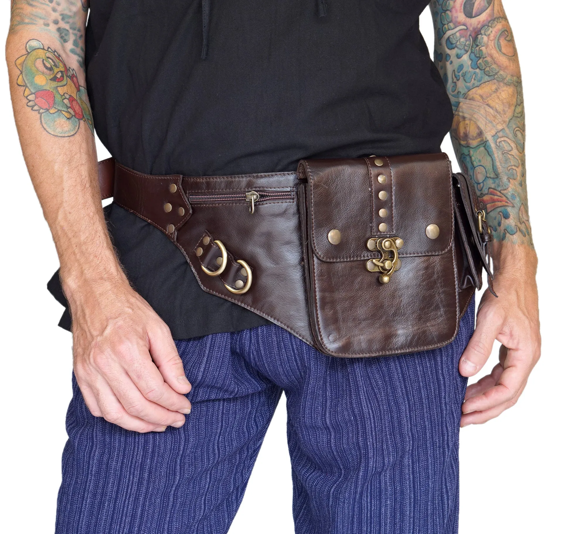 'Satchel Swing Latch' Medieval Leather Utility Belt, Boho  - Brown