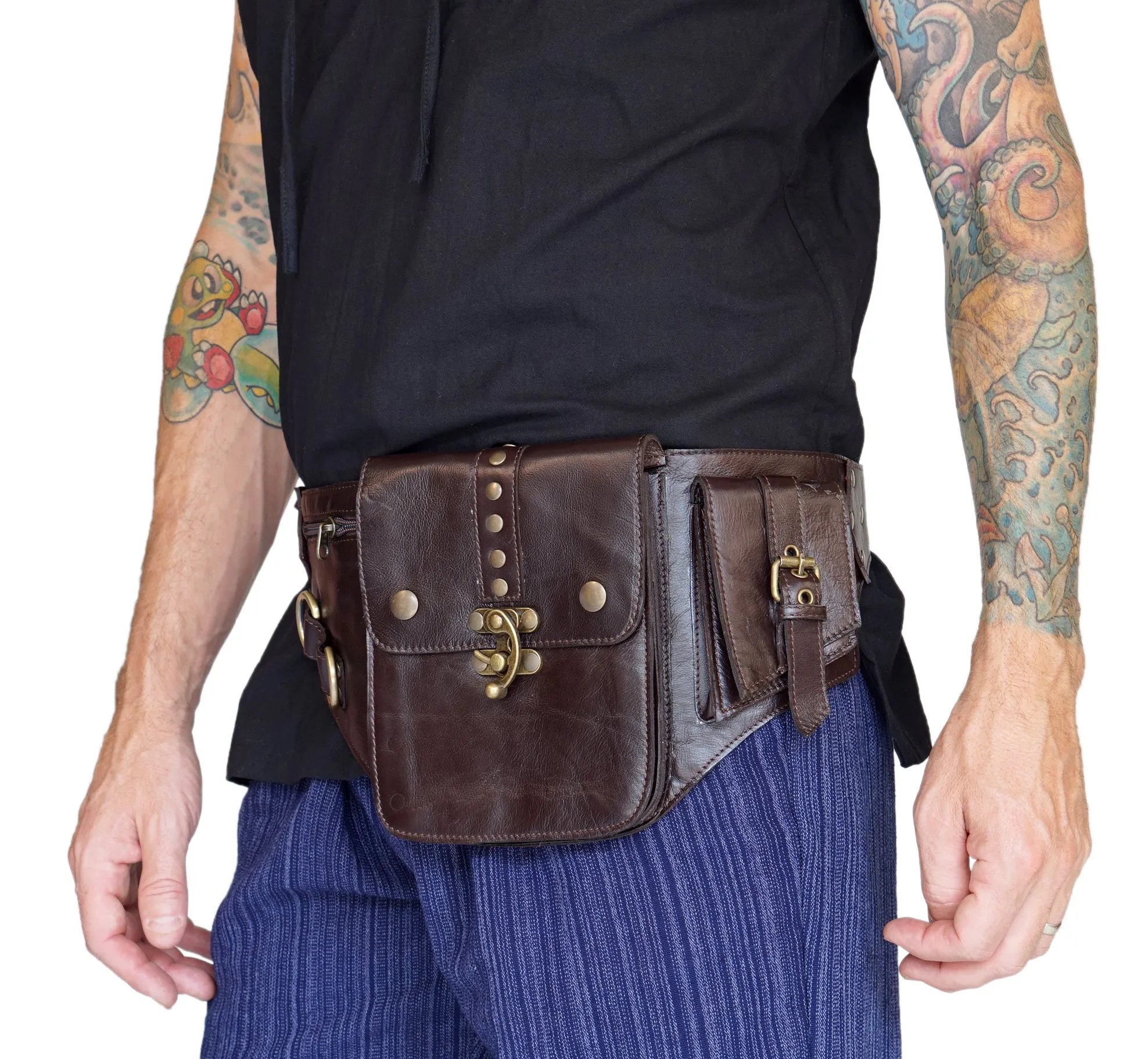 'Satchel Swing Latch' Medieval Leather Utility Belt, Boho  - Brown