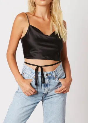 Satin Cowl Neck Spaghetti Strap Tie Waist Crop Top