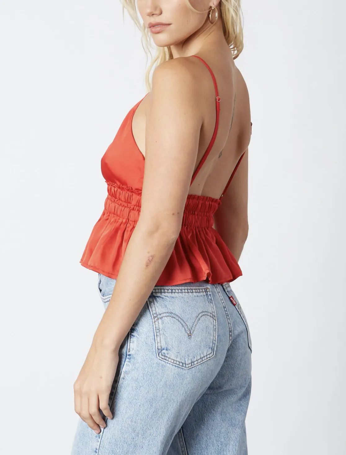 Satin Spaghetti Strap Ruched Peplum Crop Top