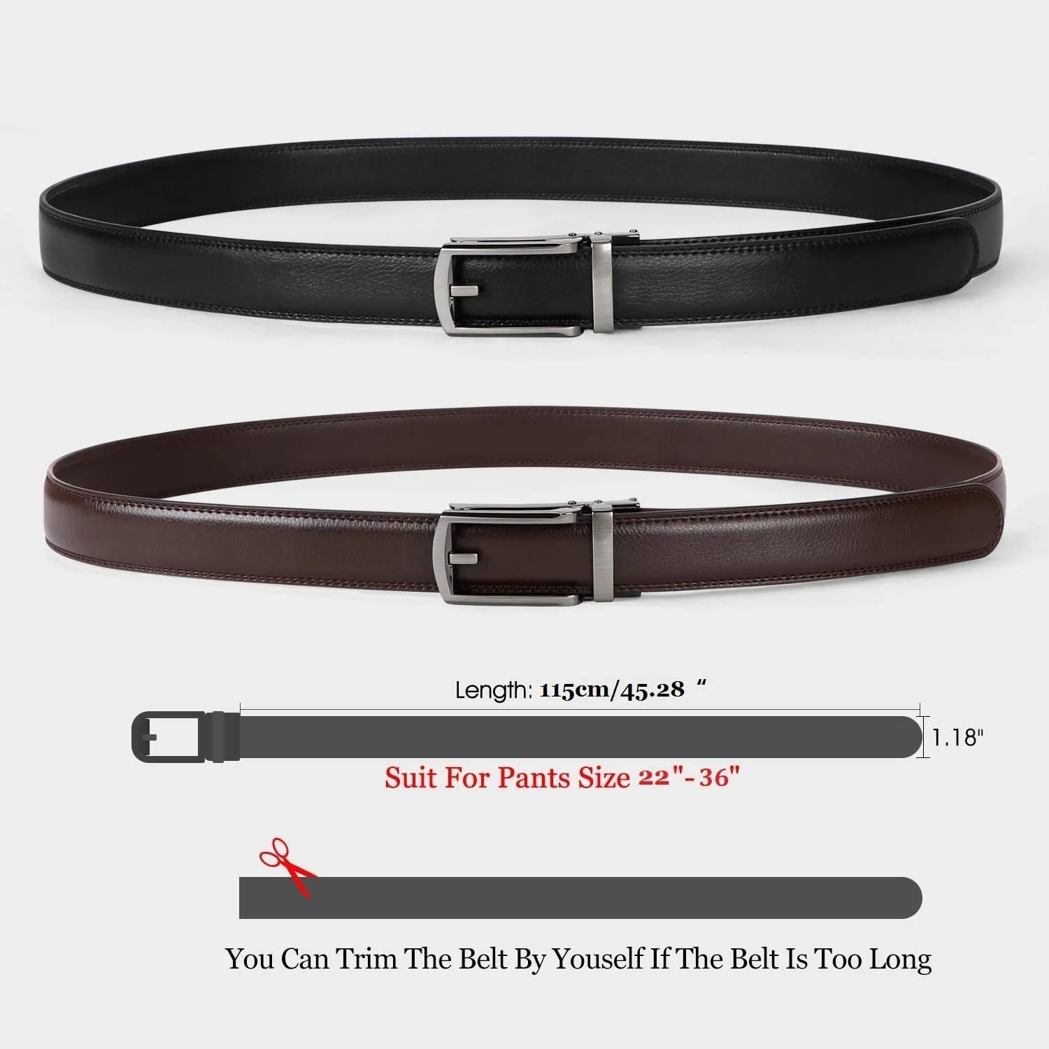 Set of 2 Leather Ratchet Dress Belt for Men Perfect Fit Waist Size 22-50 inches with Automatic Buckle