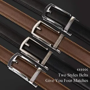 Set of 2 Leather Ratchet Dress Belt for Men Perfect Fit Waist Size 22-50 inches with Automatic Buckle