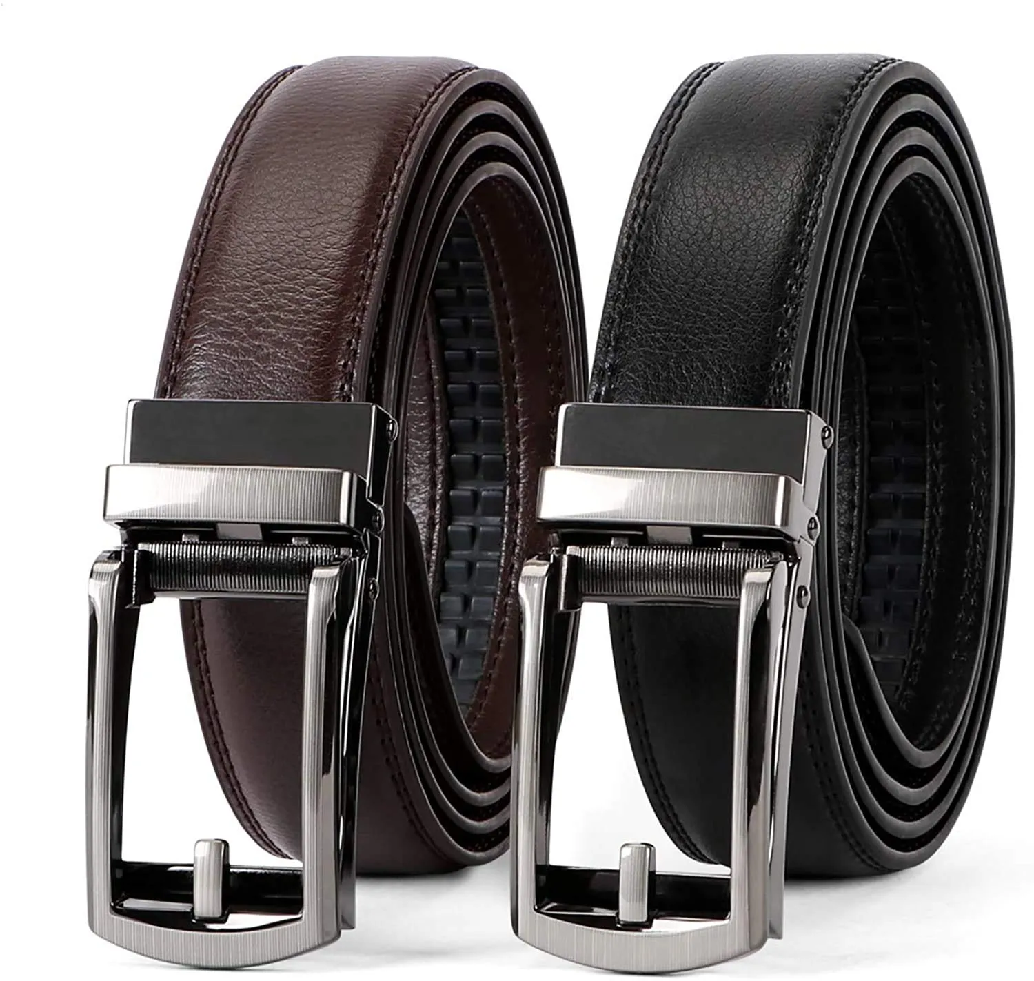Set of 2 Leather Ratchet Dress Belt for Men Perfect Fit Waist Size 22-50 inches with Automatic Buckle
