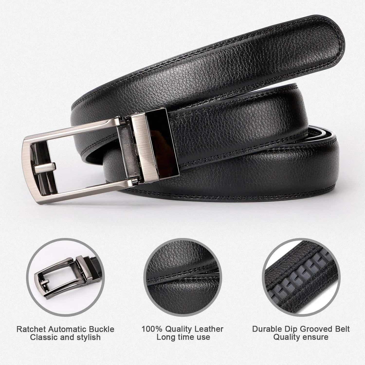 Set of 2 Leather Ratchet Dress Belt for Men Perfect Fit Waist Size 22-50 inches with Automatic Buckle