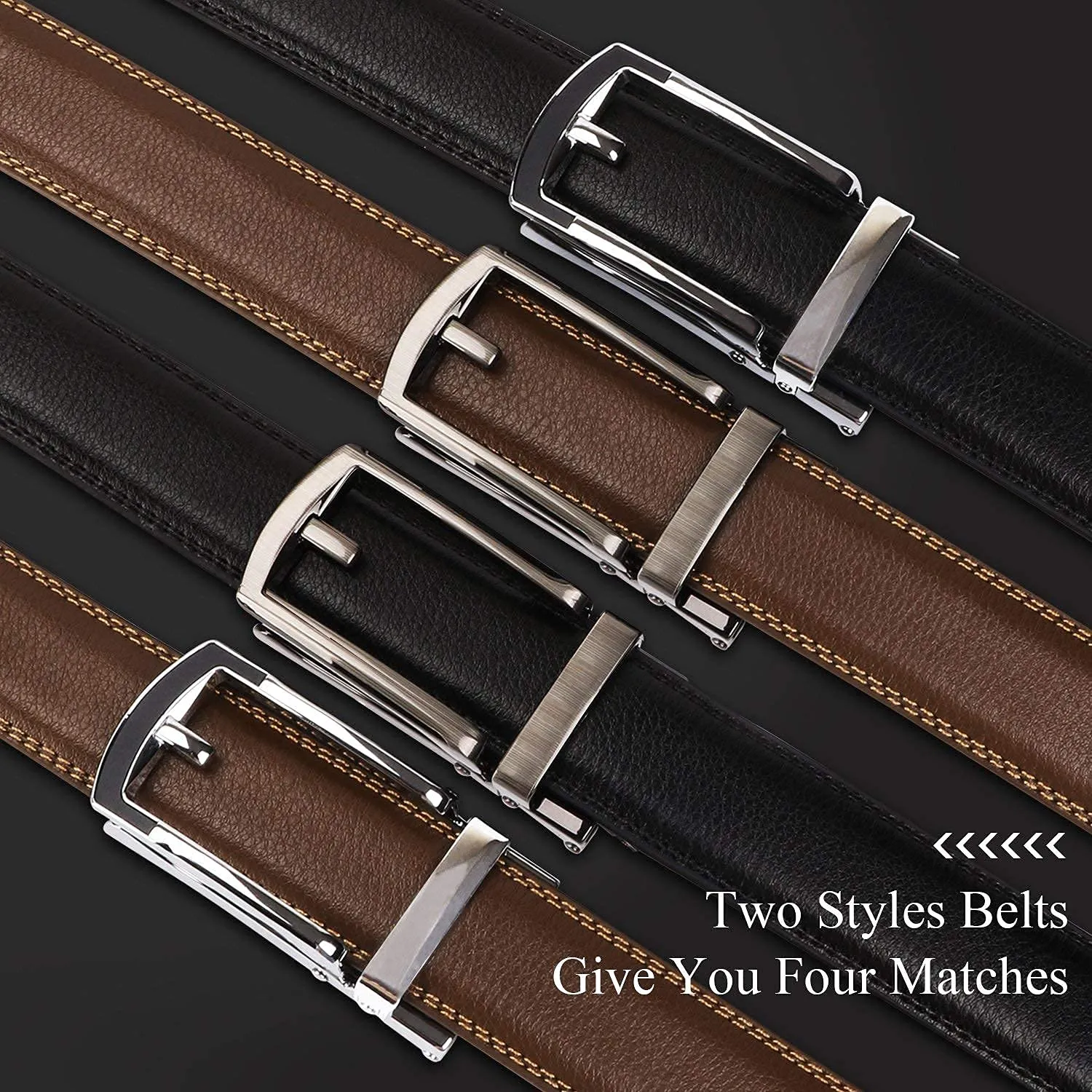 Set of 2 Leather Ratchet Dress Belt for Men Perfect Fit Waist Size 22-50 inches with Automatic Buckle
